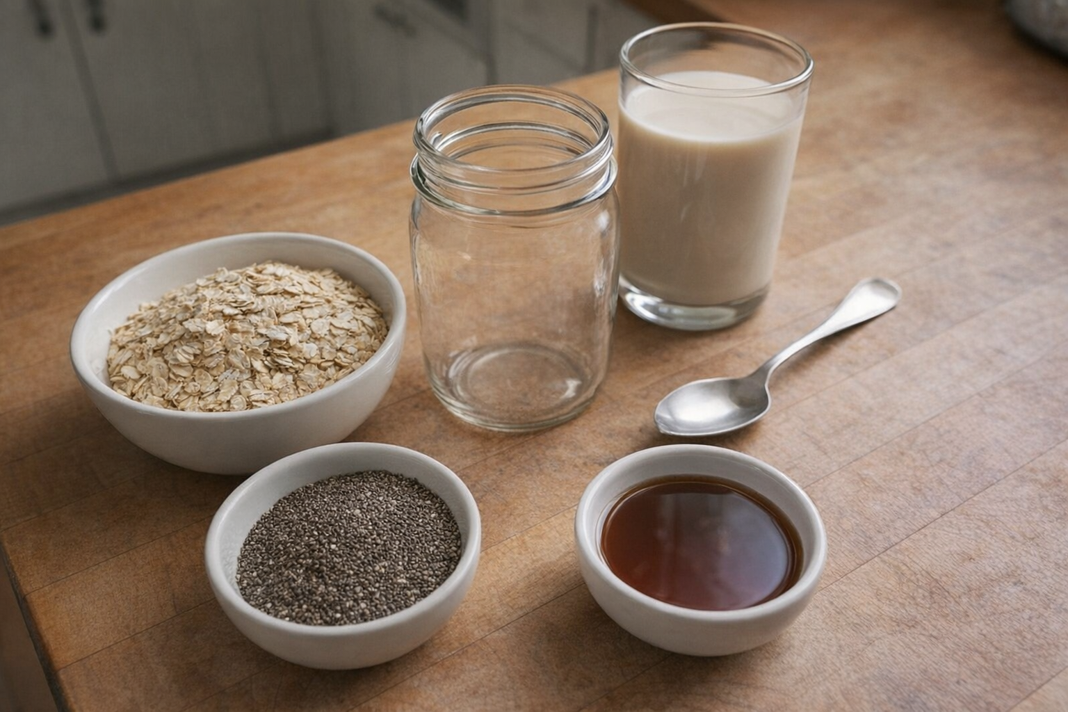 An overhead shot of all the ingredients needed for overnight oats: rolled oats, chia seeds, almond milk, maple syrup, a jar, and a spoon
